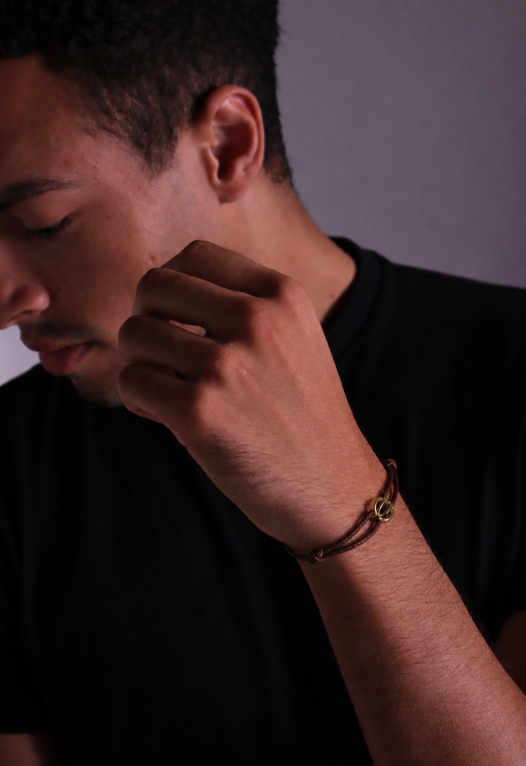 MEN'S LEATHER BRACELET WITH GOLD RING | ADJUSTABLE CORD BRACELET