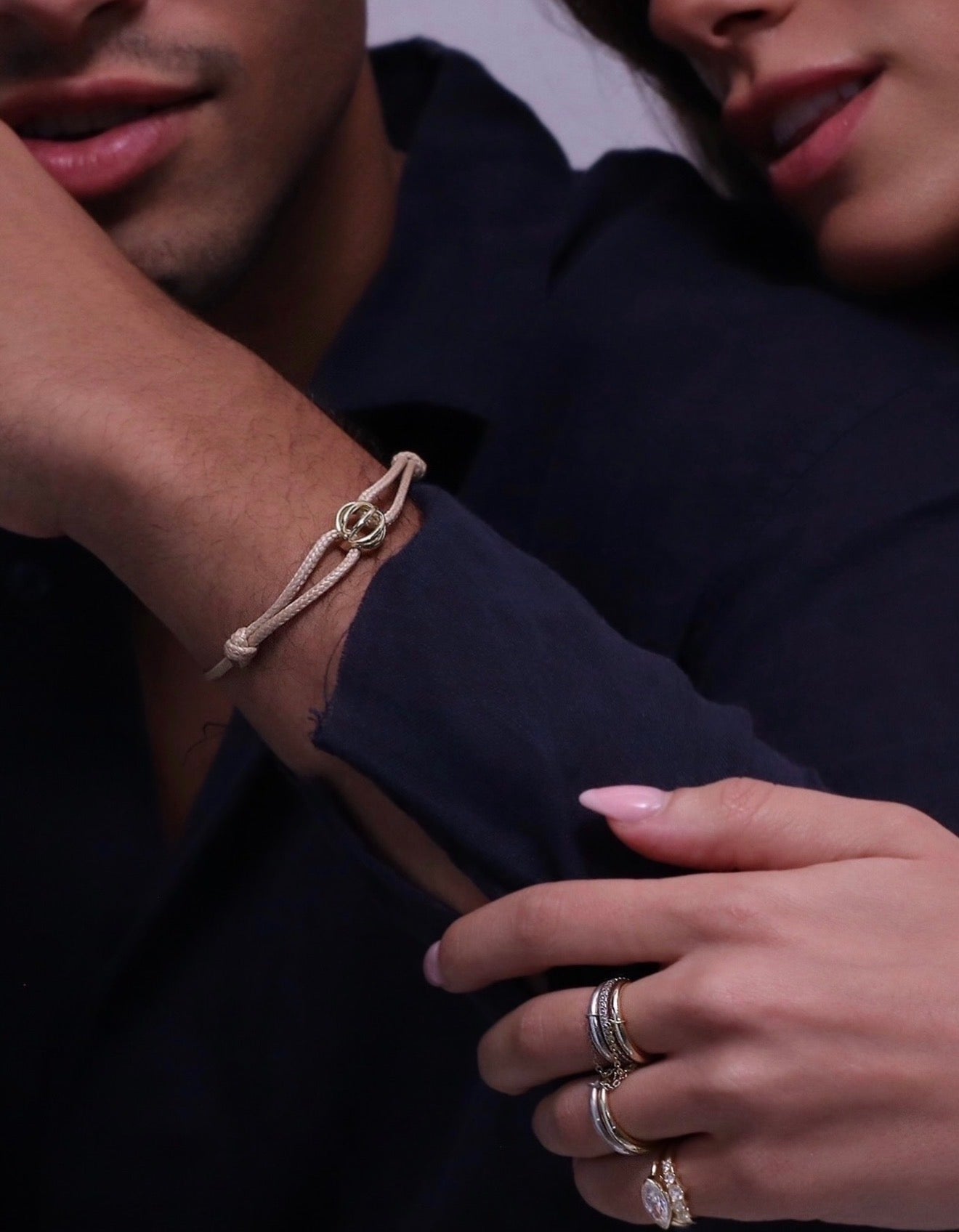MEN'S LEATHER BRACELET WITH GOLD RING | ADJUSTABLE CORD BRACELET