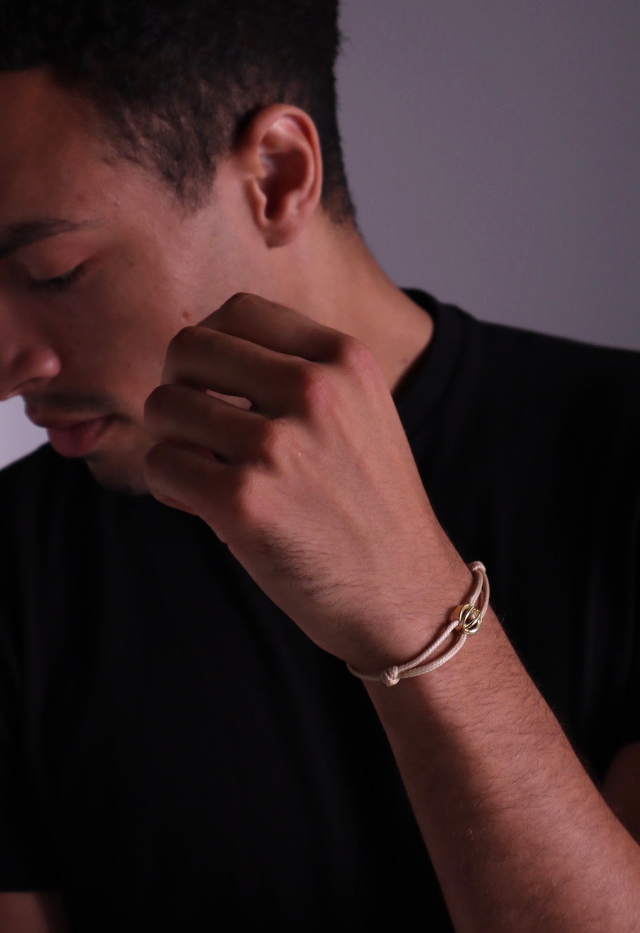 MEN'S LEATHER BRACELET WITH GOLD RING | ADJUSTABLE CORD BRACELET